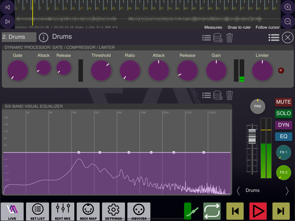 Live Multitrack 2 - Interfaz profesional de mezcla de audio con procesador dinámico y ecualizador visual