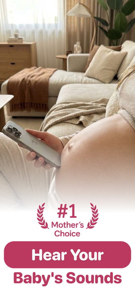 A pregnant woman holding an iPhone against her belly to listen to baby sounds with the Pulsey app.