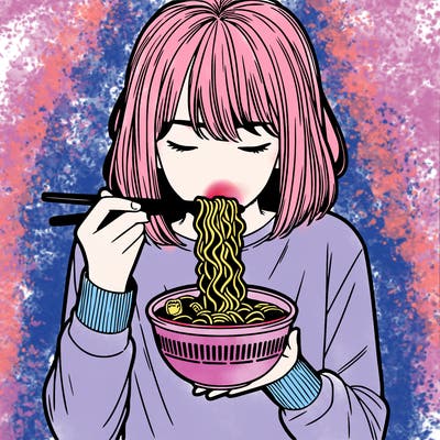a girl realistic eating ramen noodles