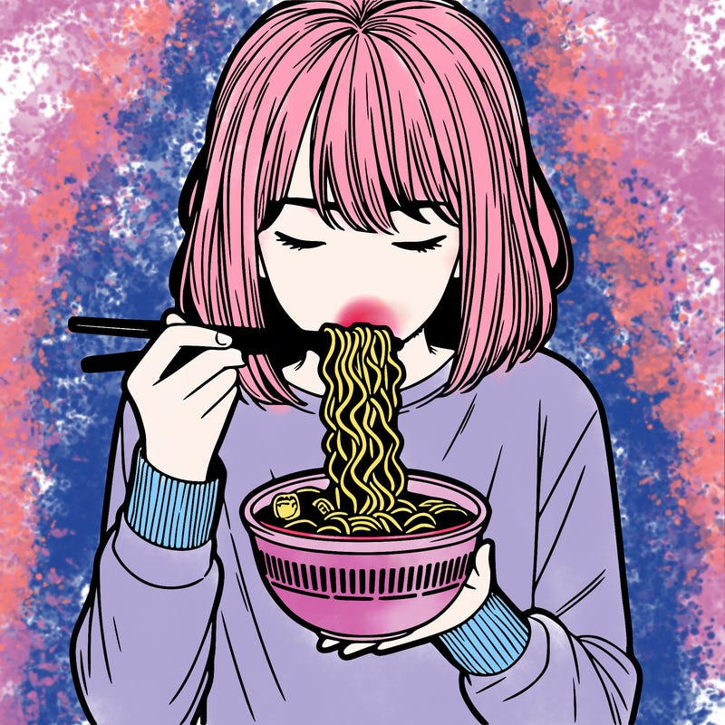 a girl realistic eating ramen noodles