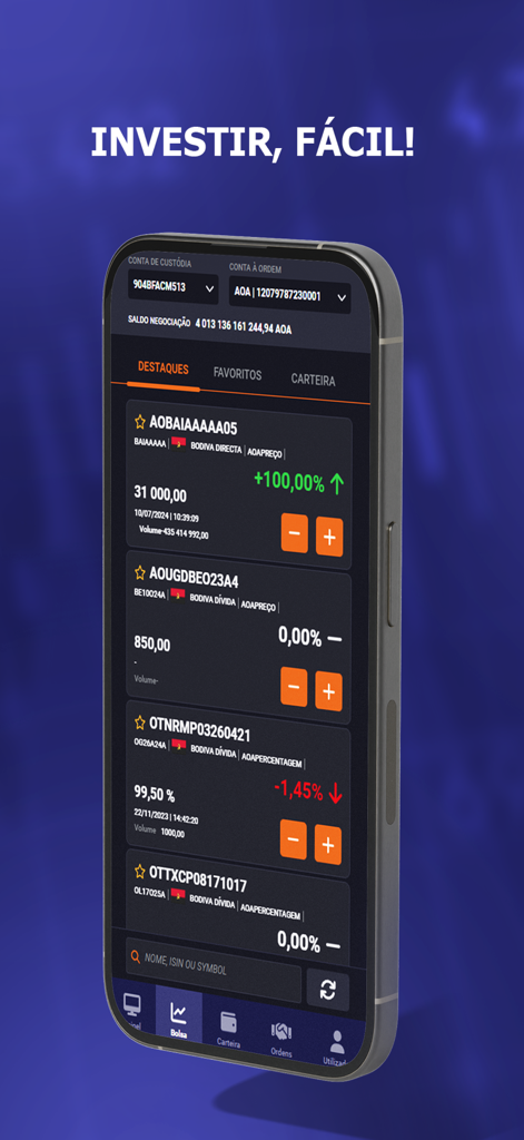 BFA CM BROKER - Interface do aplicativo BFA CM BROKER mostrando listas de ações e títulos com atualizações de desempenho de preço.