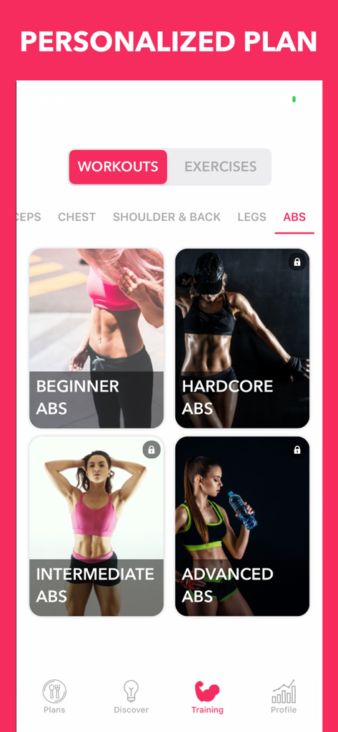 Easy Home Workout Women NO GYM - Personalized abs workout plan for women in a home fitness app showing beginner to advanced levels