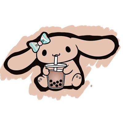 cinnamoroll drinking boba tea with a bow on her his left ear