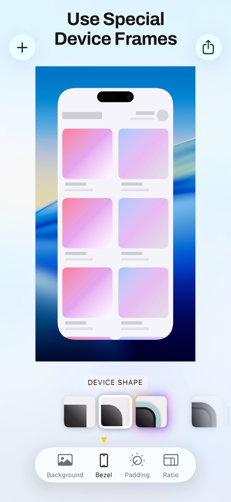 Interface of Bezel app showing options to apply special device frames and shapes to screenshots