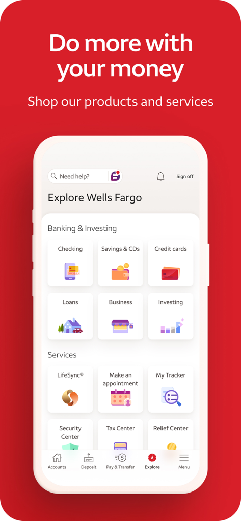 Wells Fargo Mobile app explore screen showing various banking investing and financial services