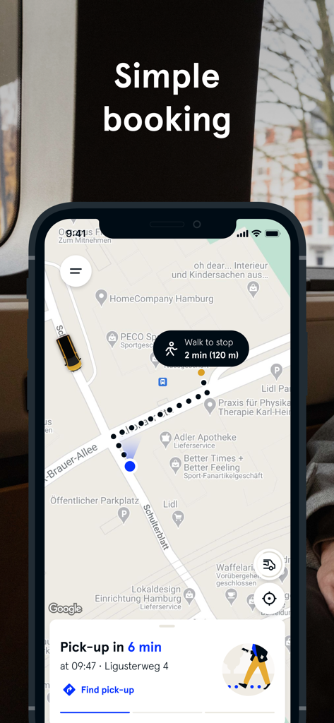 MOIA - MOIA app interface showing a map with walking directions to a pick-up point and arrival time
