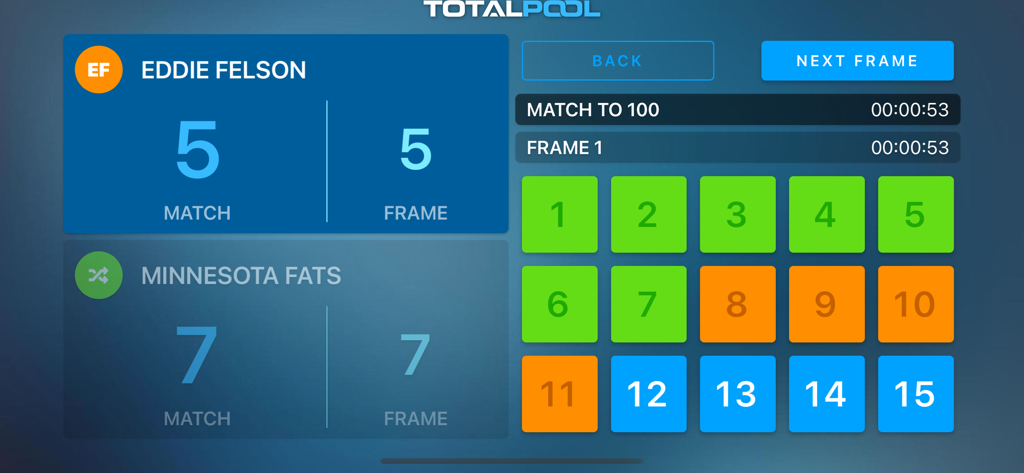 American Rotation Scoreboard-Oberfläche, die ein Pool-Spiel zwischen zwei Spielern mit Ballpunktverfolgung zeigt