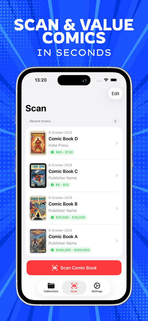 Interface do aplicativo Comic Book Value Scanner mostrando uma lista de escaneamentos recentes de HQs com suas faixas de valor de mercado estimadas.