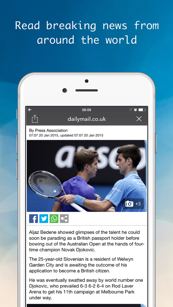 Newsmeter: Latest and Breaking News Feed Reader from Cnn,NY Times,Huffington Post,Buzzfeed&more - Smartphone displaying a breaking news article about tennis from an original source in the Newsmeter app