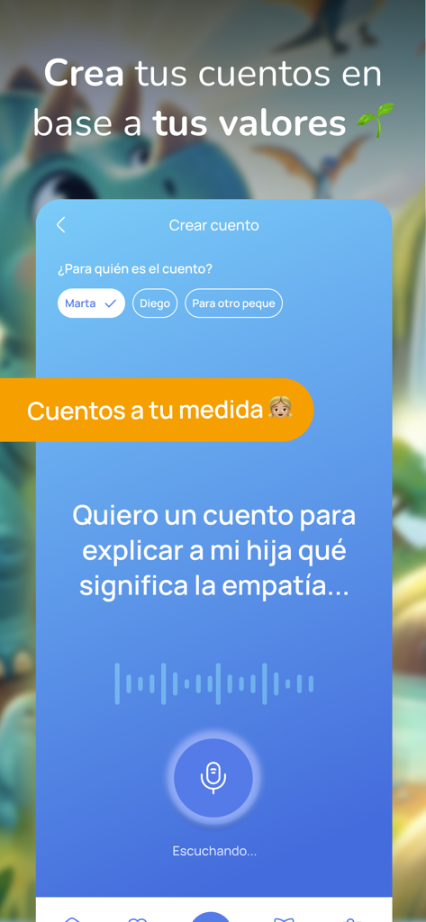 MiniTales: cuentos para peques - Interfaz de la aplicación MiniTales para crear una historia infantil personalizada basada en valores personales utilizando entrada de voz.