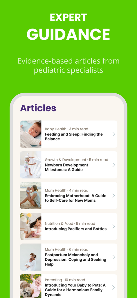 Baby Leap: Milestone Tracker - Baby Leap app screen displaying a list of expert parenting articles on baby health development and maternal well being