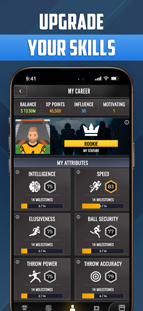 Ultimate QB: Football Legend - フットボール選手の属性とキャリアスキルアップグレードを示すモバイルゲームインターフェイス