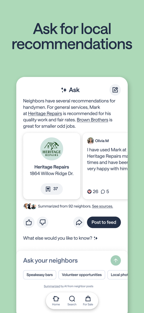 Nextdoor app interface showing neighbors local service recommendations and reviews