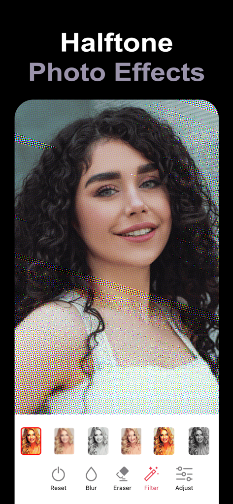Blur Image -Blur Effect Editor - Mobile App-Oberfläche mit einem Halftone-Künstlerfilter, der auf ein Frauenporträt angewendet wird, mit Bearbeitungswerkzeugen darunter