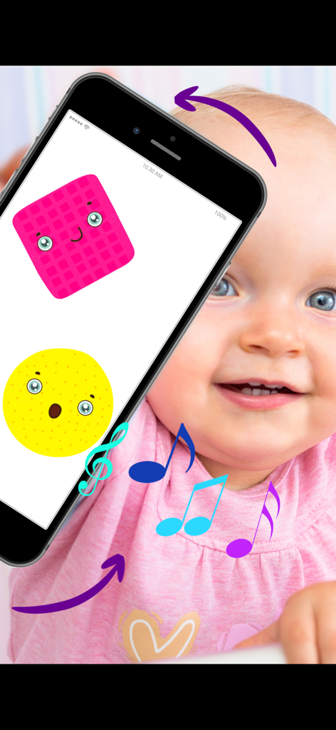 My funny RATTLE for baby! - Smartphone showing a digital rattle app with colorful shapes and musical notes next to a smiling baby