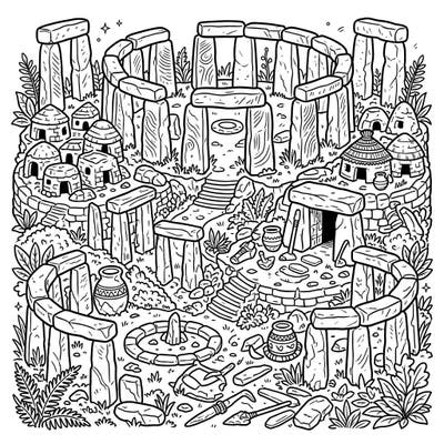 Delve into the enigmatic past with this detailed coloring page featuring prehistoric ruins, designed specifically for seniors. Enjoy clear outlines and mature themes as you bring ancient megaliths and settlements to life with your favorite colors.