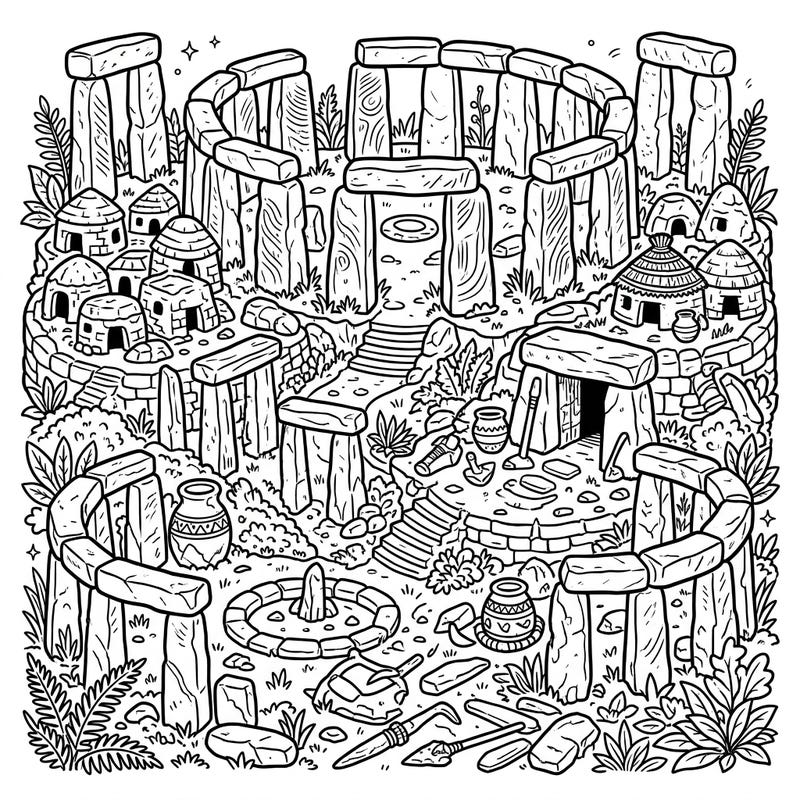 Delve into the enigmatic past with this detailed coloring page featuring prehistoric ruins, designed specifically for seniors. Enjoy clear outlines and mature themes as you bring ancient megaliths and settlements to life with your favorite colors.