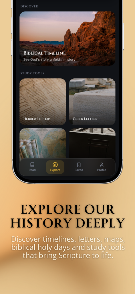 His Word: Bible Study - Pantalla de exploración de la aplicación His Word Bible Study que presenta líneas de tiempo bíblicas y herramientas lingüísticas