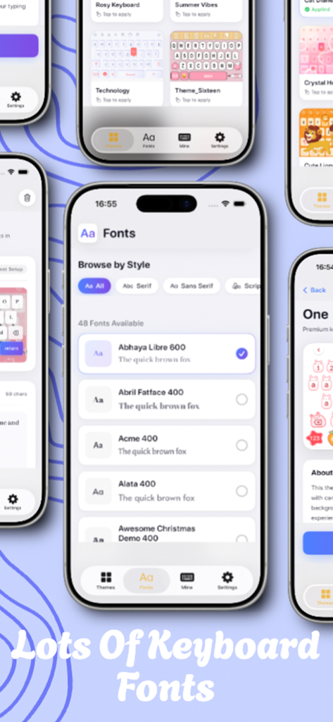Cute Keyboard: Kawaii & Emoji - Interface of Cute Keyboard app showing various aesthetic font styles for mobile typing customization.
