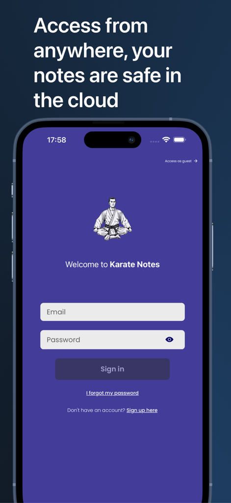 Karate Notes: Katas & Routines - Sign-in screen of the Karate Notes mobile app with email and password fields on a purple background.