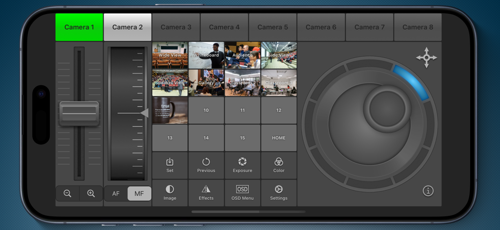 PanTiltZoom app interface on a smartphone showing multi-camera selection and preset thumbnails with joystick controls.