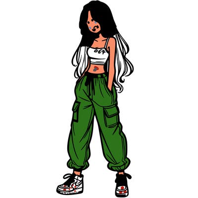 girl in baggy pants crop top and long hair