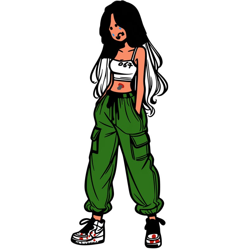 girl in baggy pants crop top and long hair