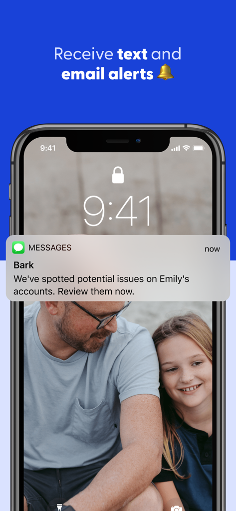 A smartphone screen showing a Bark app notification about potential safety issues on a child account