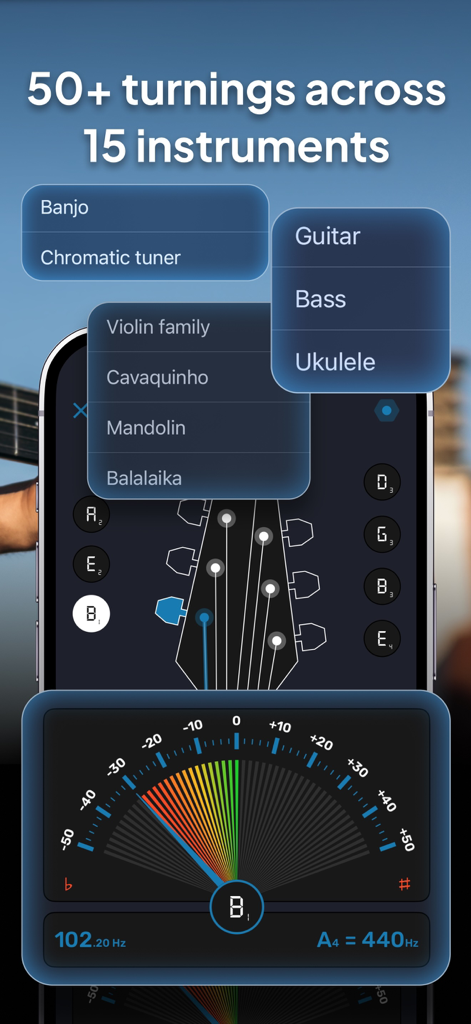 SoundBase ° Music Hearmark - Interfaz de la app SoundBase que muestra un afinador de múltiples instrumentos con ajustes preestablecidos para guitarra, bajo y ukelele
