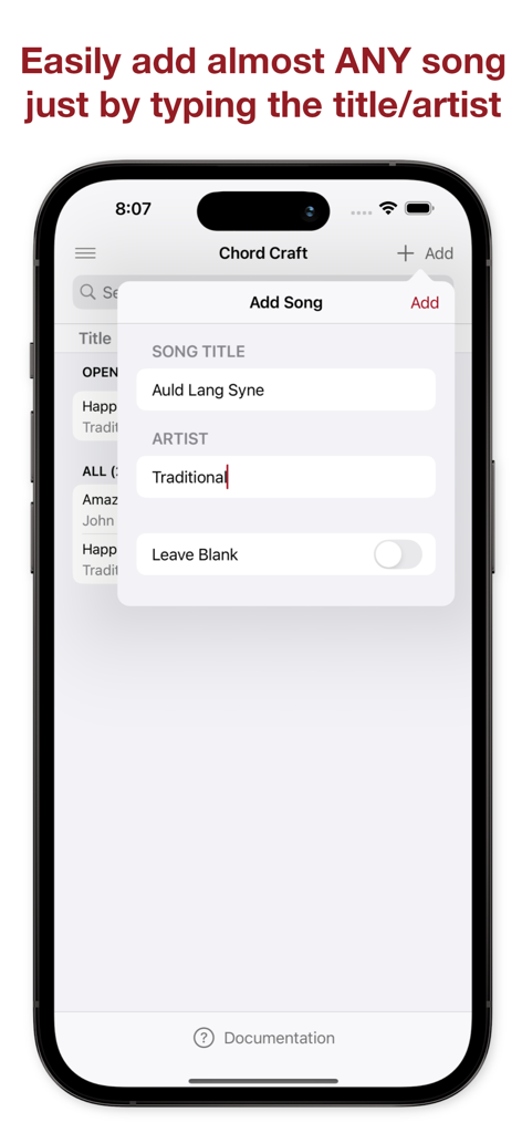 Adding a song to the Chord Craft app by entering title and artist
