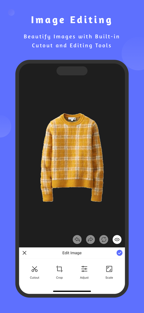 A yellow sweater being edited with background removal and cutout tools in the SimpleCloset app.