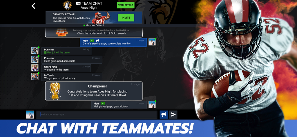 Football Battle - Touchdown! - In-game team chat interface of Football Battle app featuring players discussing strategy and a professional football player illustration