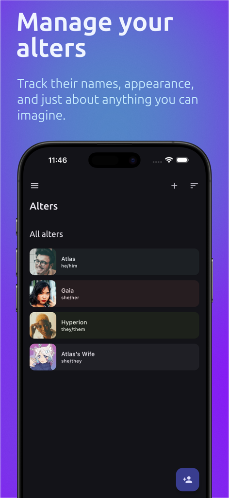Screenshot of the Octocon app showing a list of user created alters with names and pronouns