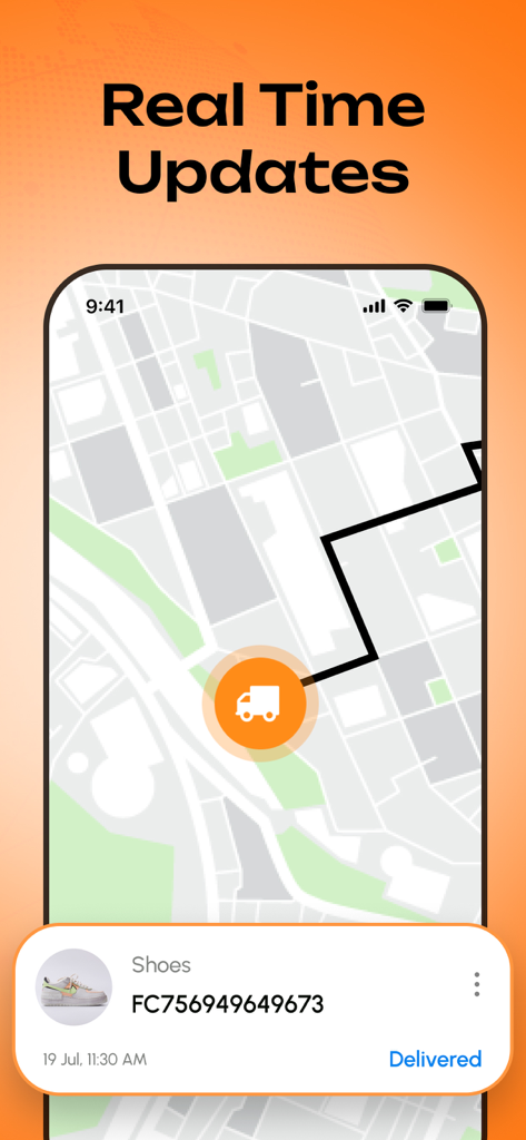 Schermata di uno smartphone che visualizza il tracciamento delle consegne in tempo reale su una mappa cittadina con una notifica di stato per scarpe consegnate.