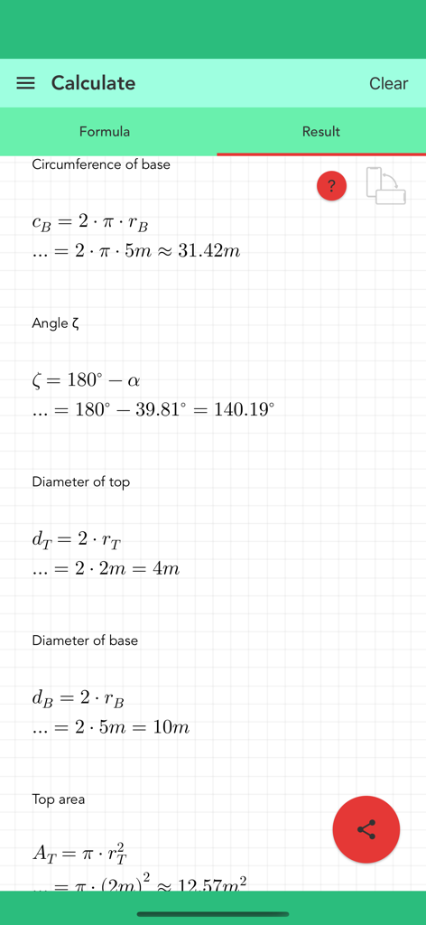 Detaillierte mathematische Formeln und Schritt-für-Schritt-Ergebnisse für einen Kegelstumpf