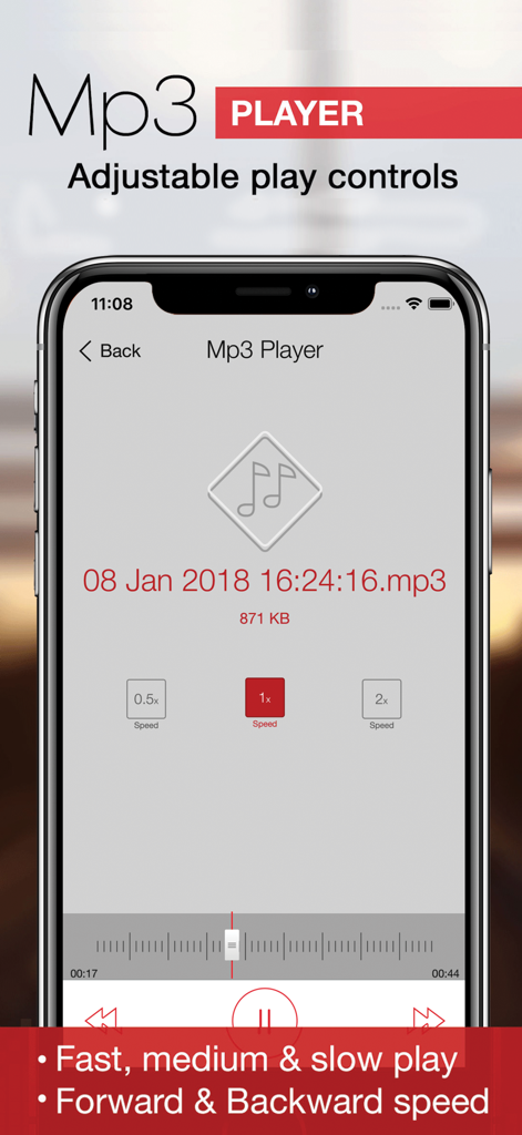 Mp3 Player interface with adjustable playback speed controls for recorded memos