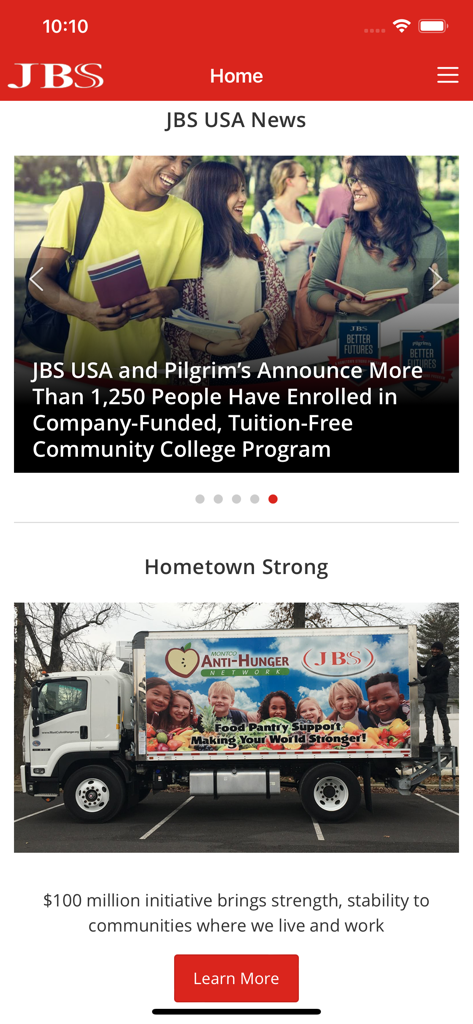 JBS Connect - JBS Connect app home screen featuring company news regarding tuition-free college and community support initiatives