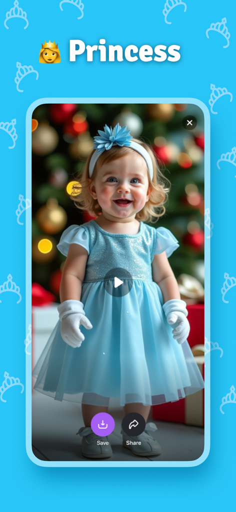 Baby Dance - AI Video - Baby Danceアプリのプリンセスドレスを着た女の子のAI生成動画プレビュー。