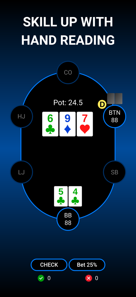 A poker trainer app screen showing a postflop hand reading drill on a simulated poker table.