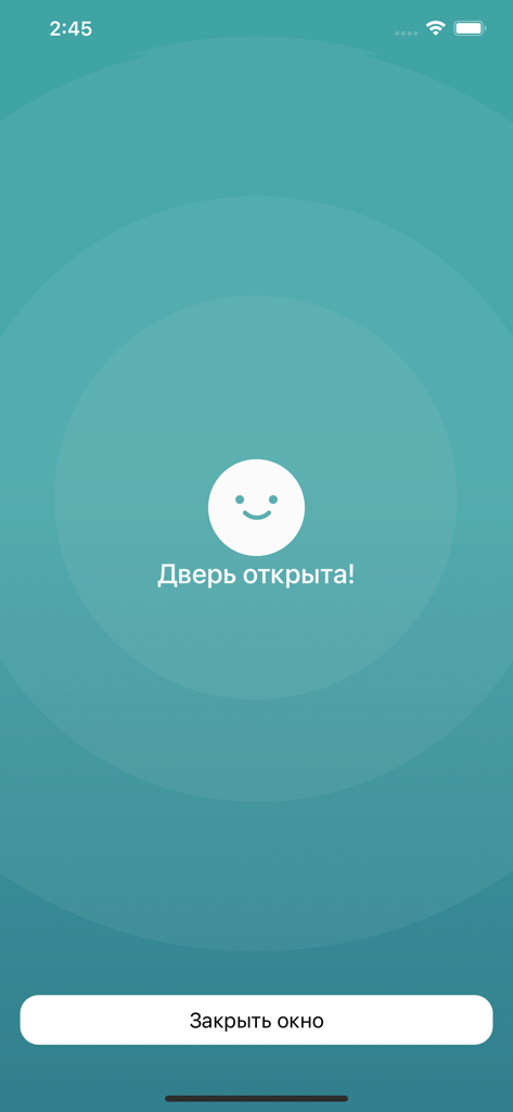 D-KEYS mobile app interface showing a successful door opening confirmation message with a smiley face icon.