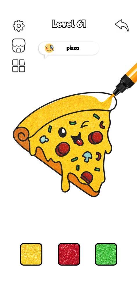 ASMR Coloring Book: Paint Game - A cute pizza slice being colored with yellow glitter markers in the ASMR Coloring Book app