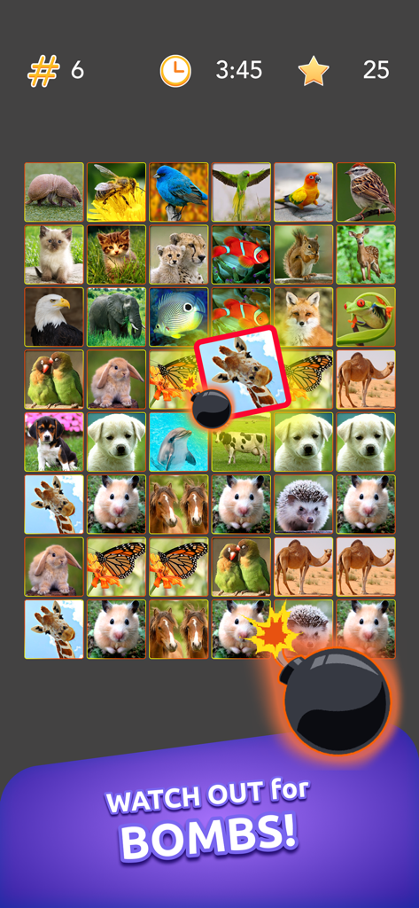 Onnect – Pair Matching Puzzle - Onnect animal pair matching puzzle gameplay with a watch out for bombs warning