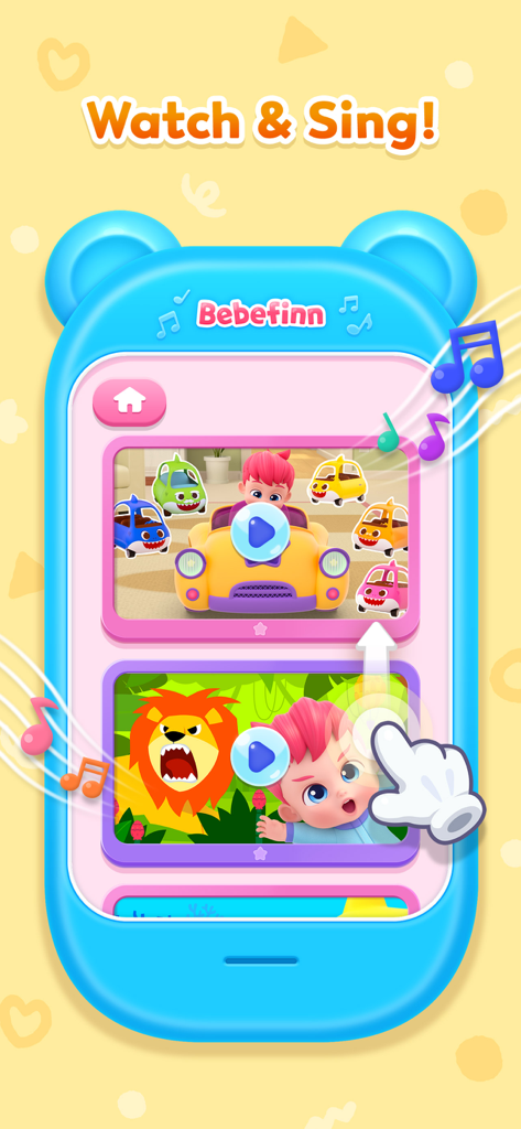 Aplicación Bebefinn Play Phone que muestra videos de canciones infantiles con el encabezado Ver y Cantar.