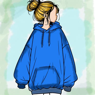 realistic girl with a oversized sweatshirt on and a bun