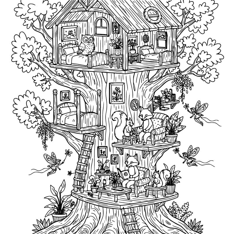 an animal family that lives in a tree.  there are fairies flitting around.  the home in the tree includes bedrooms, furniture,  plants, pictures on the wall.