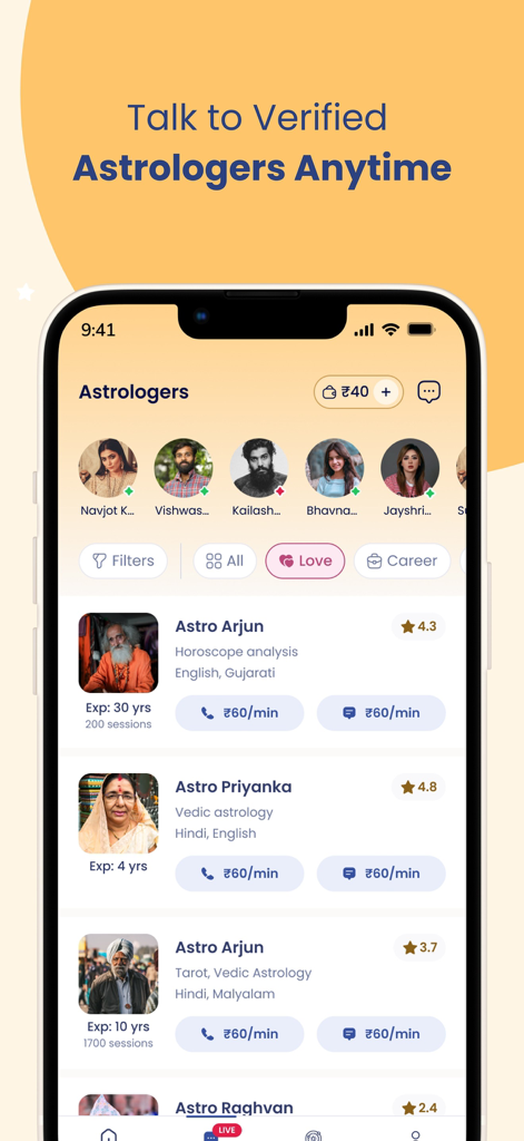 Horocosmo - Talk To Astrologer - Mobile app interface showing a list of verified astrologers available for call and chat consultations