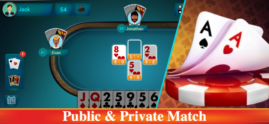 Callbreak Multiplayer Crd Game - A gameplay screenshot of Callbreak Multiplayer Card Game showing a four player table and public and private match options
