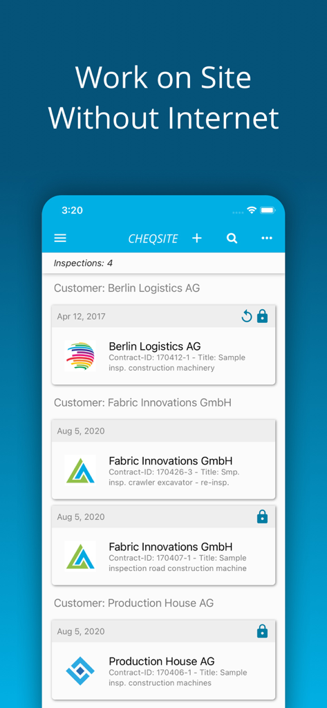 Heavy Equipment Inspection app screen showing a list of customer inspections and offline work capabilities