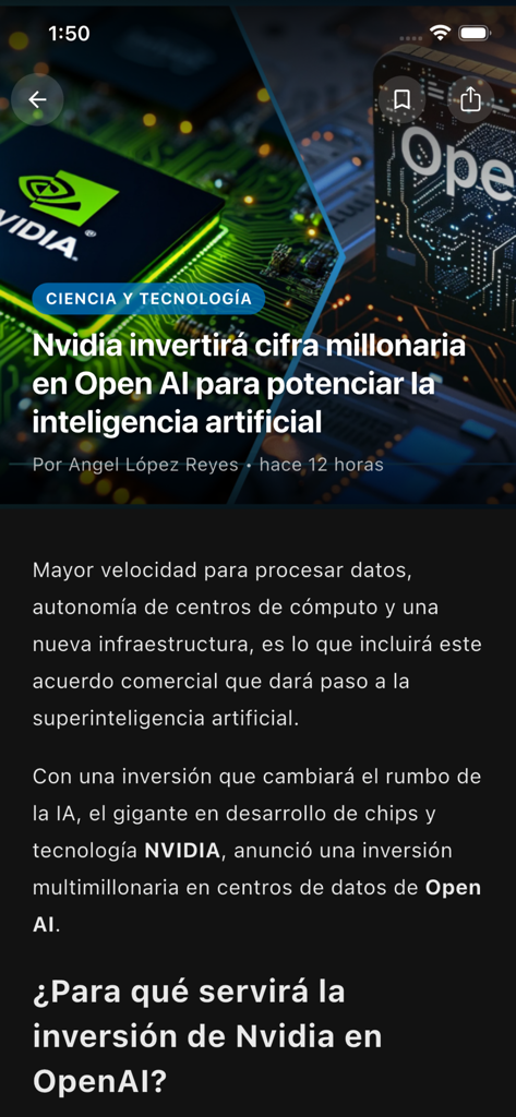 Reporte Índigo - A news article on the Reporte Indigo app about Nvidia investing in OpenAI