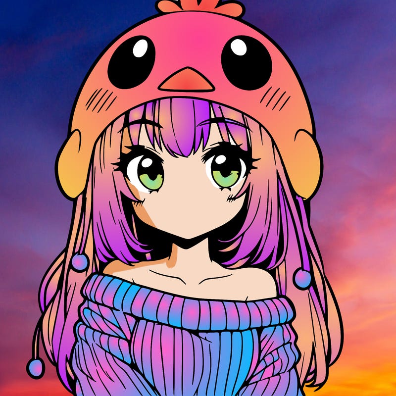 anime girl with chick shaped hat with sweater with bare shoulders with bangs covering them one eye with low tail